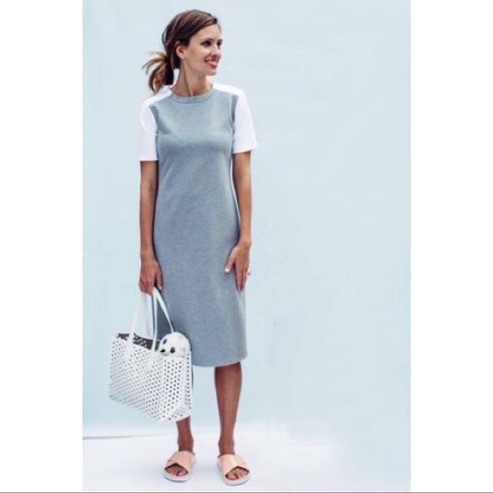 Sonnet James Quincy Dress Sheath Ponte Gray White Sleeve Minimalist Work Casual - Picture 6 of 6